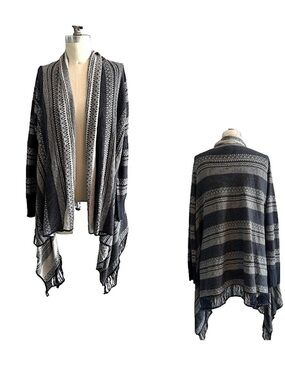 Charming Charlie Tribal Pattern Blue and White Open Front Waterfall Cardigan